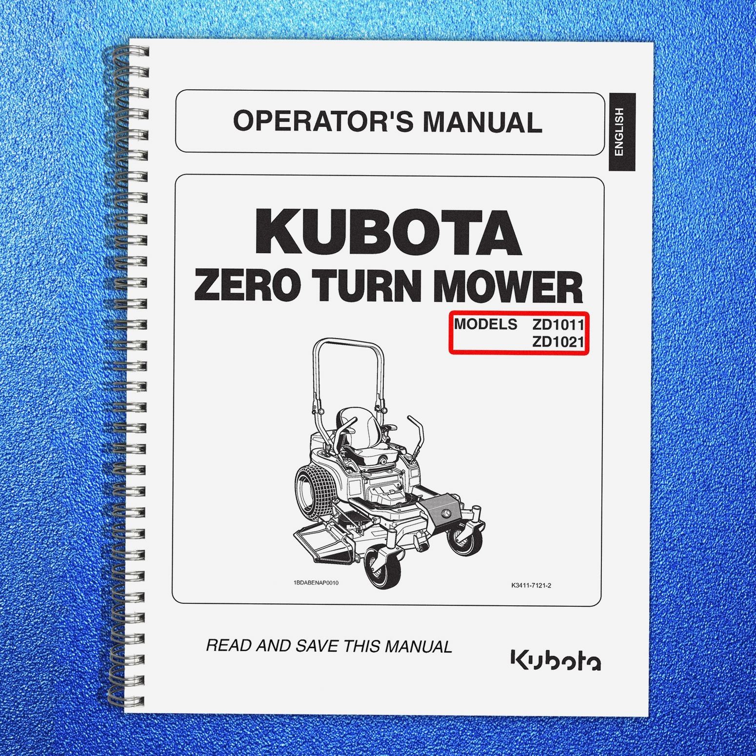 KUBOTA ZD1011 ZD1021 Zero Turn Operators Manual – WIRE BIND – TOUGH JACKET