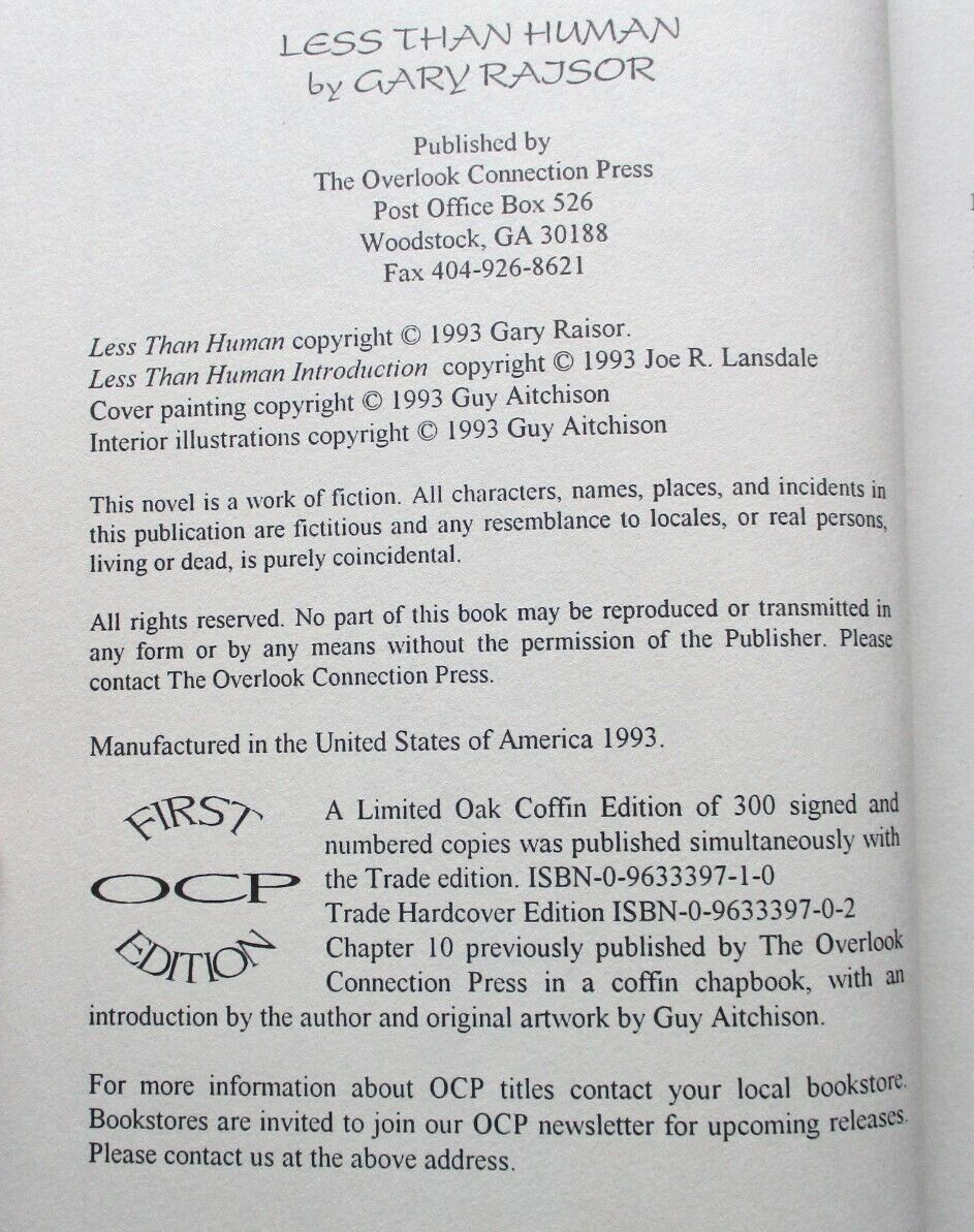 Less Than Human by Gary Raisor OCP Trade First Edition SIGNED