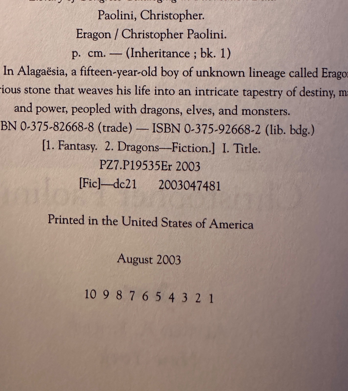Christopher Paolini, ERAGON, 1st Hardback (Unsigned) Knopf, Fine
