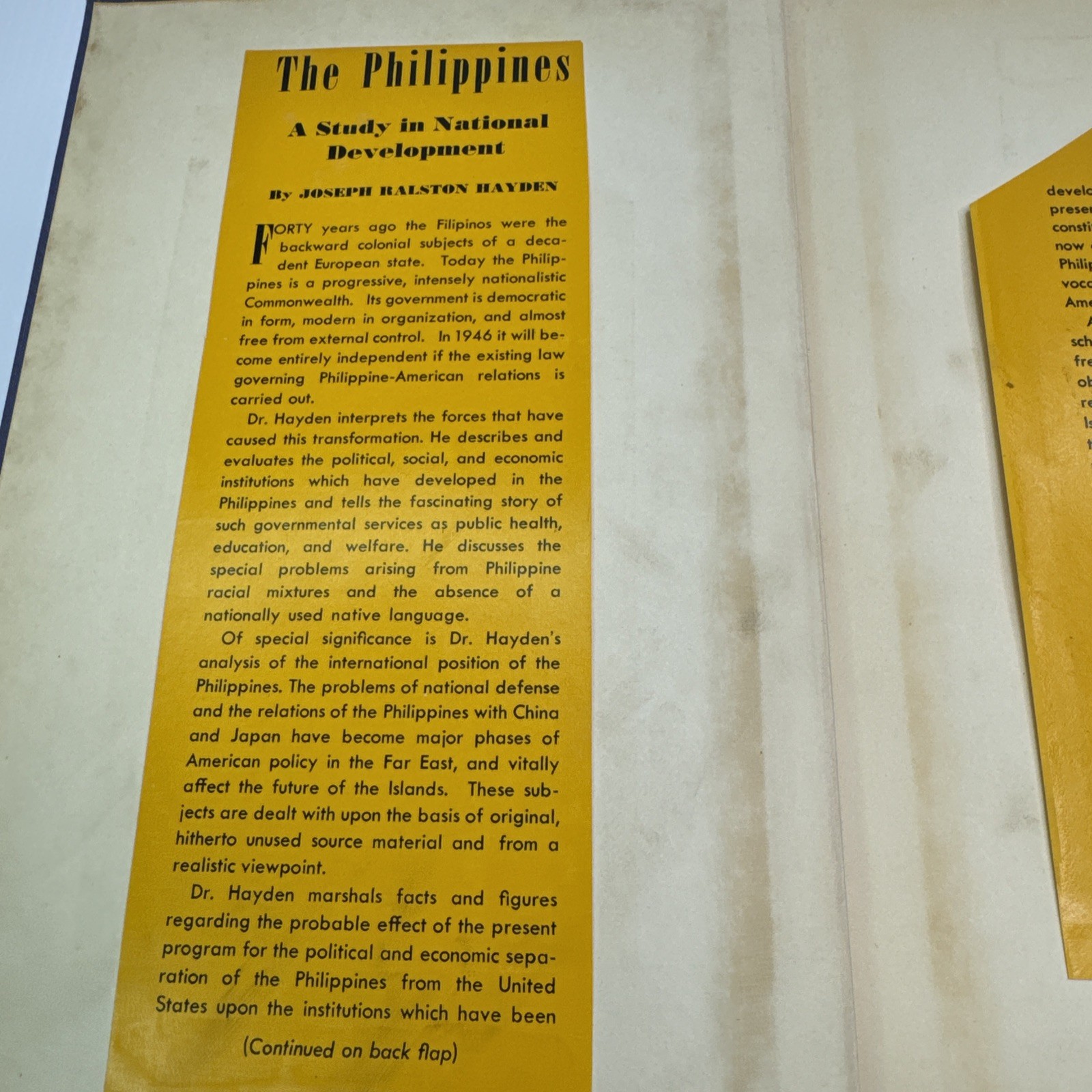The Philippines A Study in National Development Joseph Ralston Hayden 1942 ExLib
