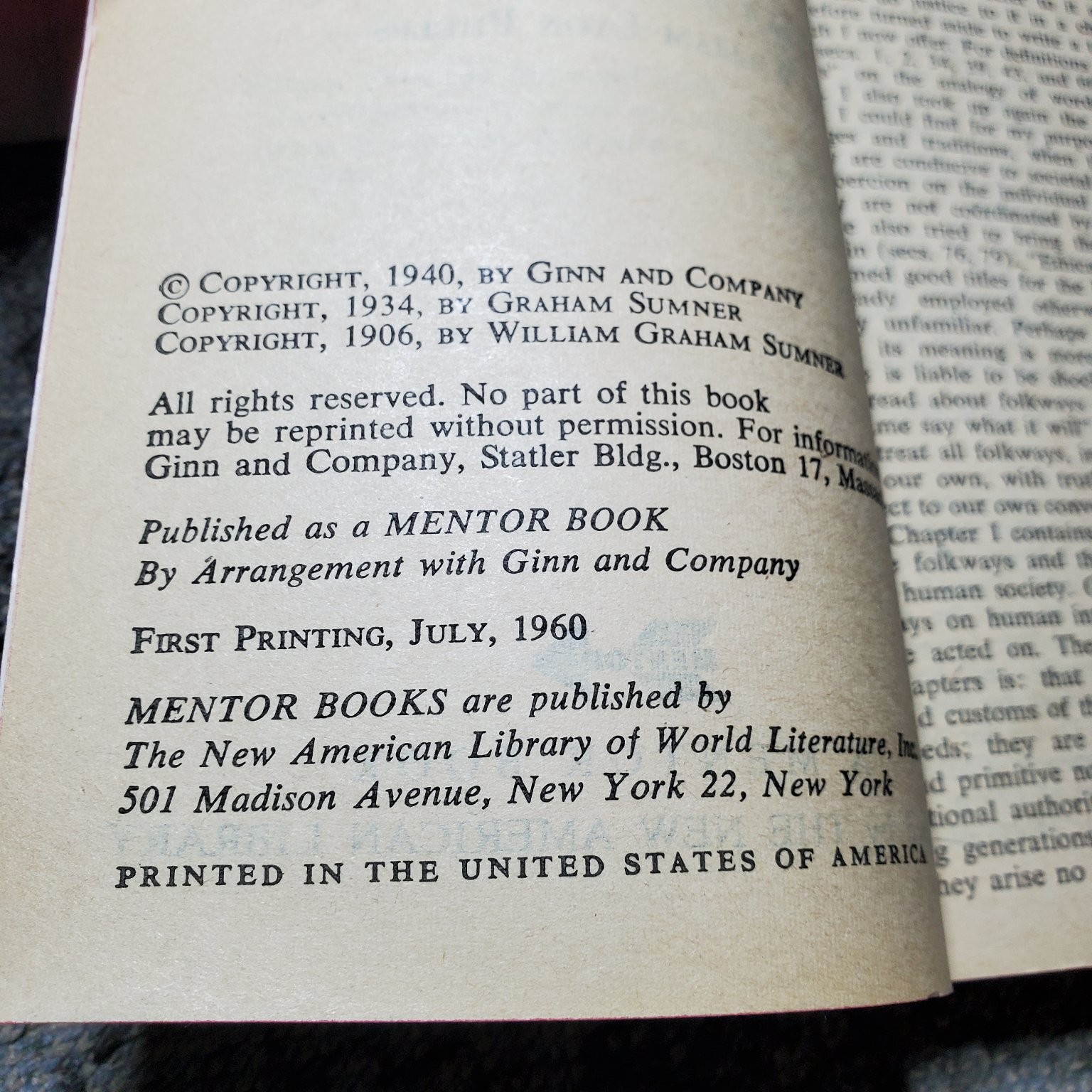 Folkways William Graham Sumner 1960 First Printing Sociology Anthropology Mentor