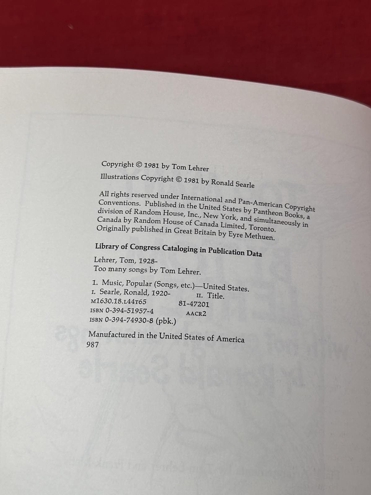 Too Many Songs by Tom Lehrer Sheet Music Song Book Funny 1981 Vintage 159 Pages