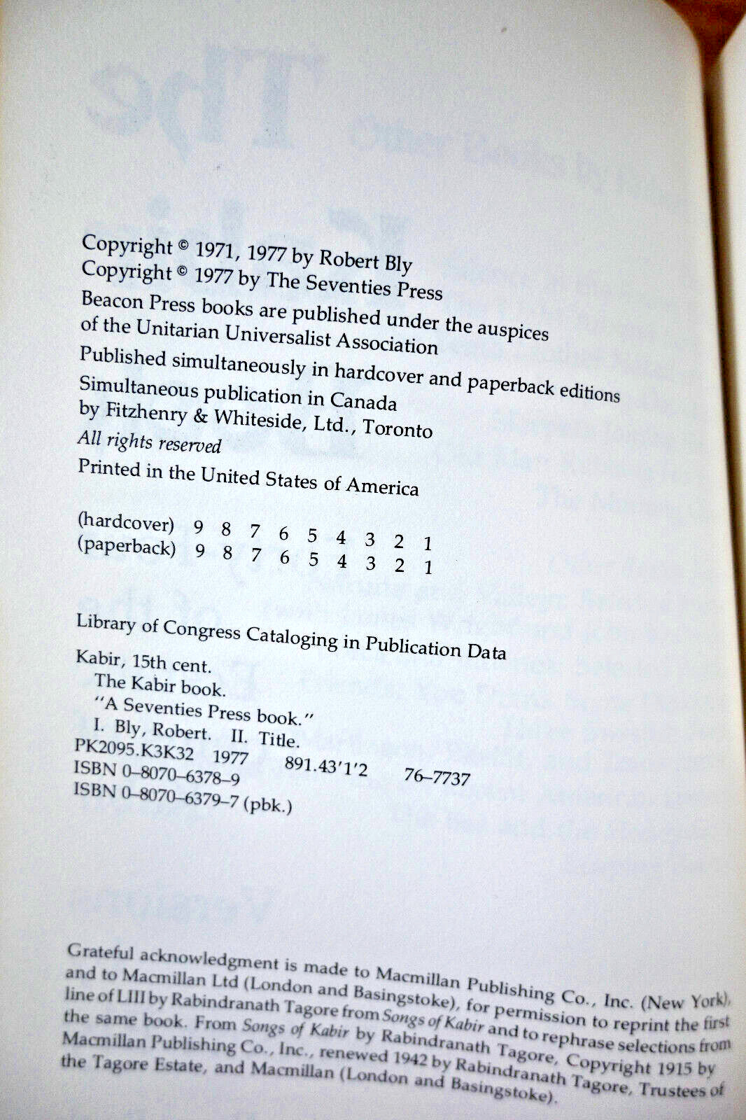 Kabir Book by Kabir, Versions by Robert Bly – 1993 – First Edition