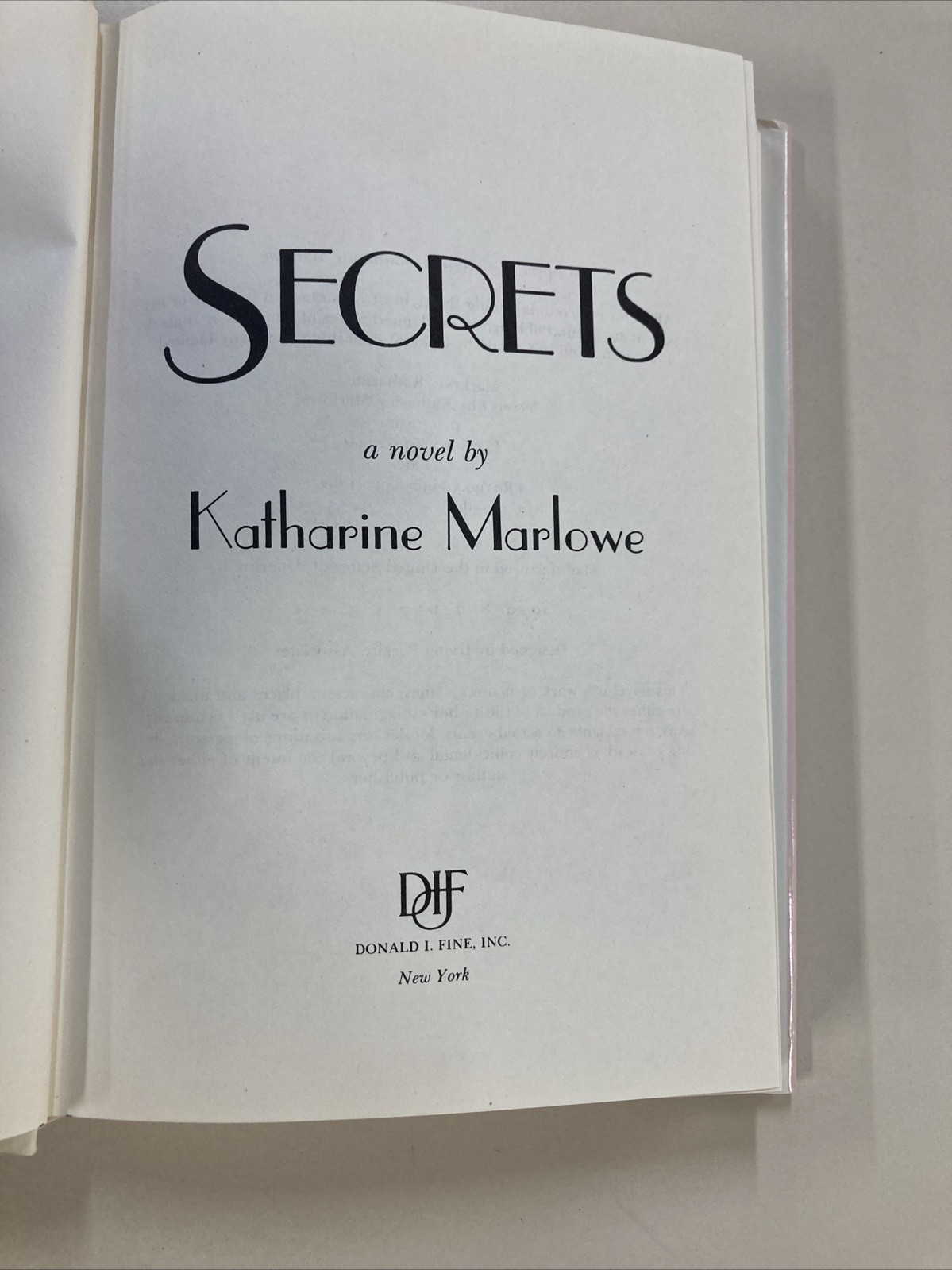 Secrets HC DJ Katharine Marlowe 1992 Donald Fine Very Good