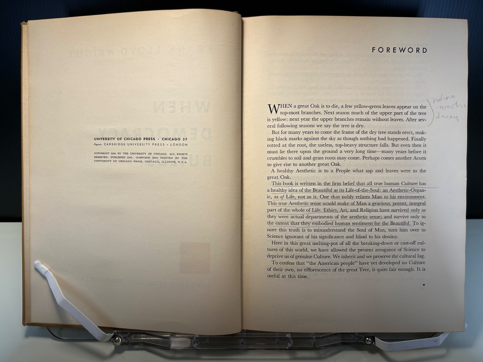 When Democracy Builds by F.L. Wright, University of Chicago, 1945 first, good