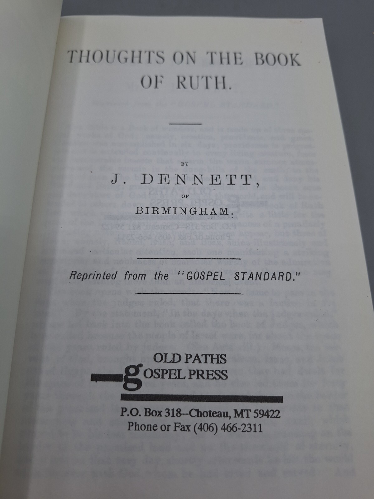 Thoughts on the Book of Ruth ~ J. Dennett ~ Old Paths Gospel Press PB