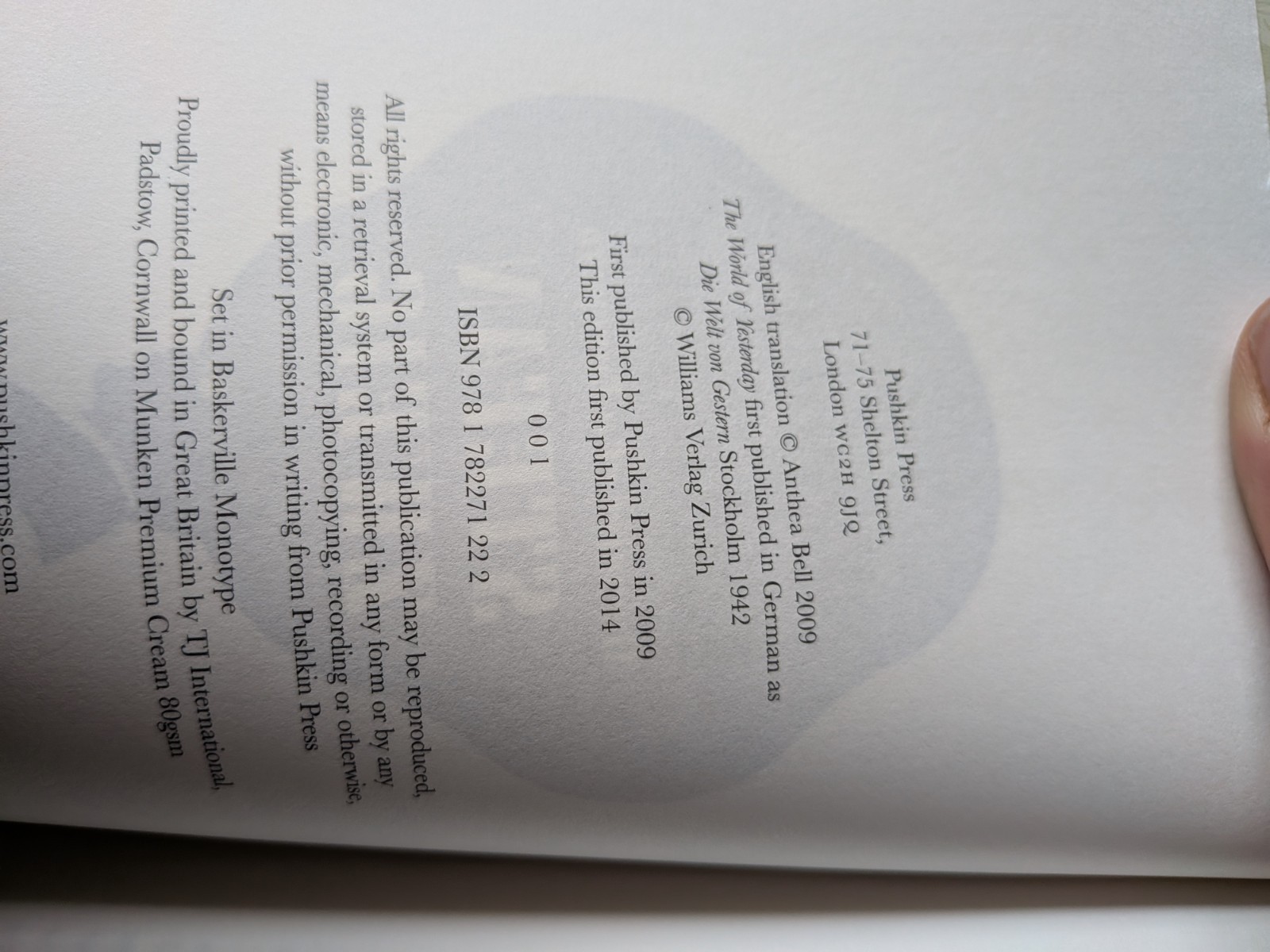 Stefan Zweig, The World of Yesterday: Memoirs of a European (Pushkin, 2014) HB