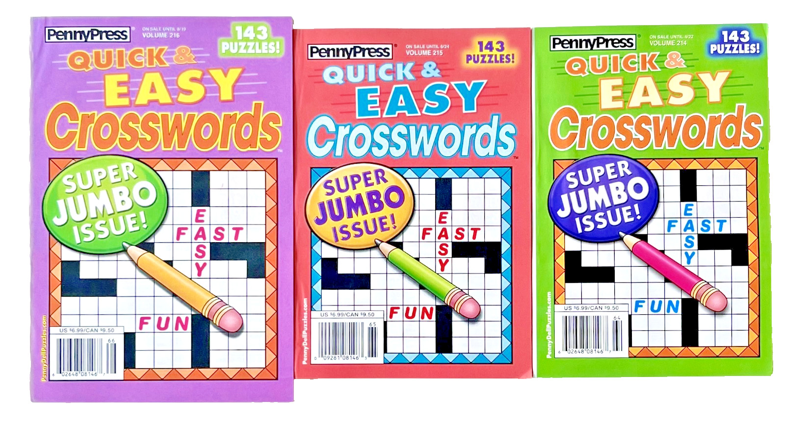 Lot of 3 Penny Press Dell Quick & Easy Crossword Super Jumbo Puzzle Books
