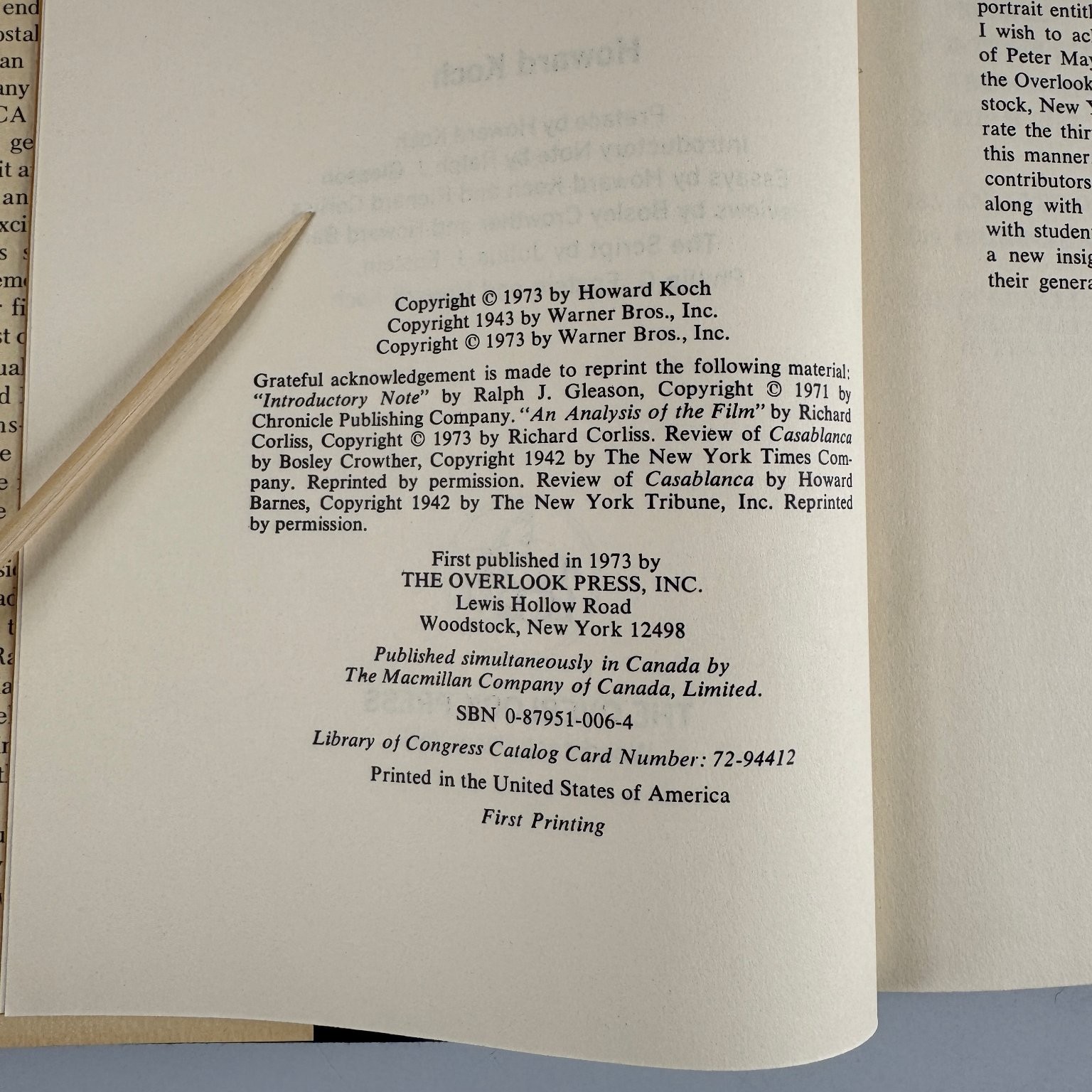 Casablanca Script and Legend Howard Koch 1973 First Printing Film History