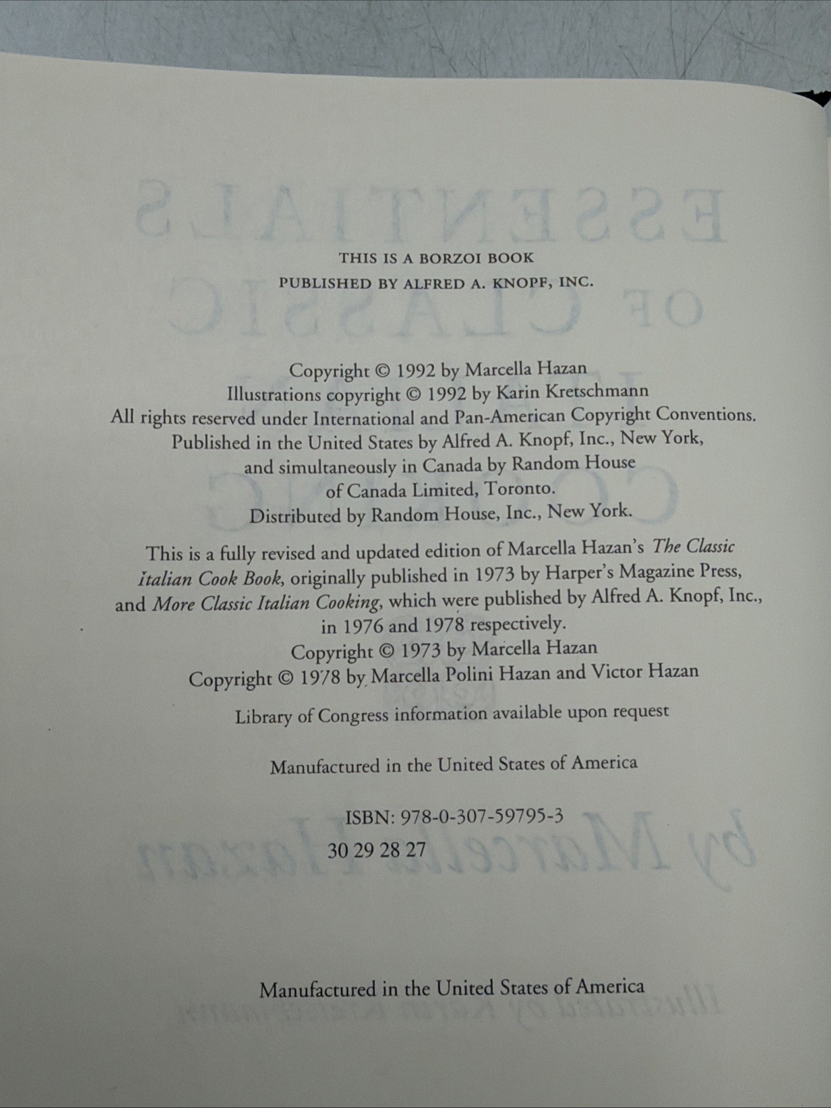 Essentials of Classic Italian Cooking by Marcella Hazan 1993 Cookbook : VeryGood