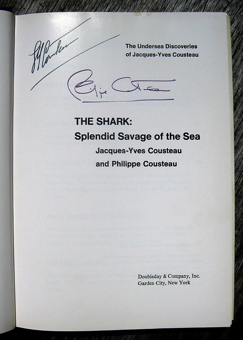 1970 SHARKS Personally Signed by JACQUES COUSTEAU & PHILIPPE COUSTEAU Ocean JAWS