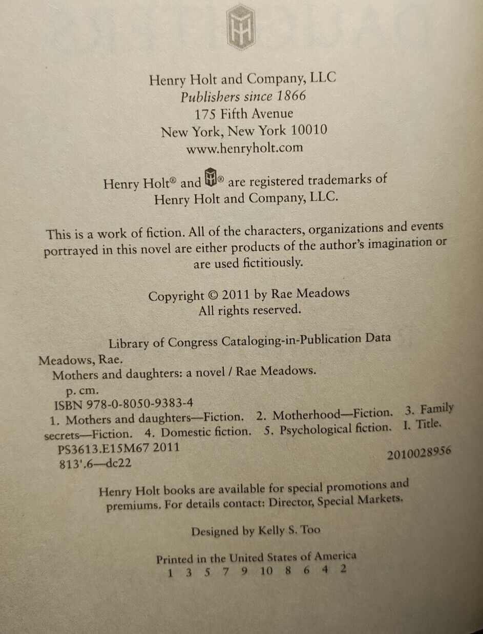 Mothers and Daughters HC 2011 Rae Meadows Henry Holt Psychological Family Life N
