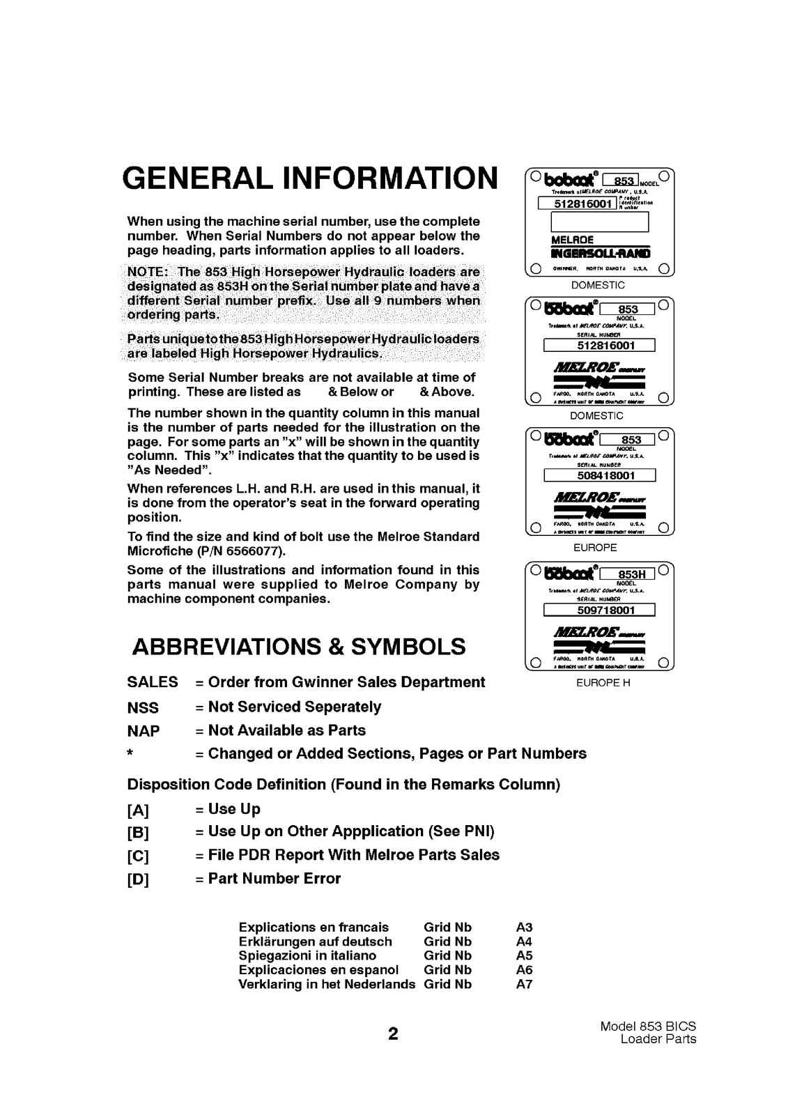 BOBCAT 853 Parts Manual 1998 SN 508418001 Up – STEEL WIRE BOUND – TOUGH COVERS