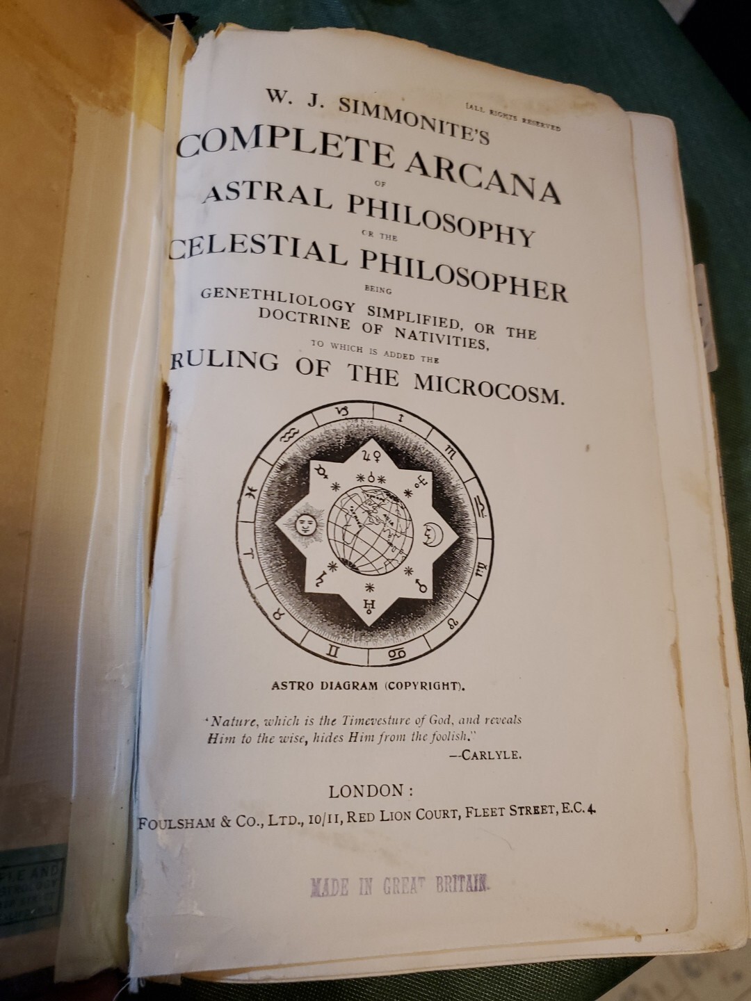 Arcana of Astrology by W. J. Simmonite circa 1890 FOULSHAM PUB. HC