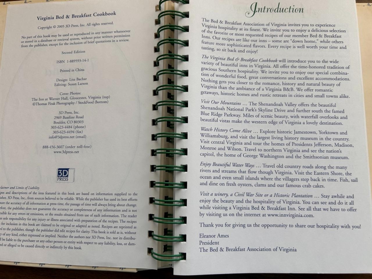 Virginia Bed Breakfast Cookbook 2005 spiral hardback 325 pages