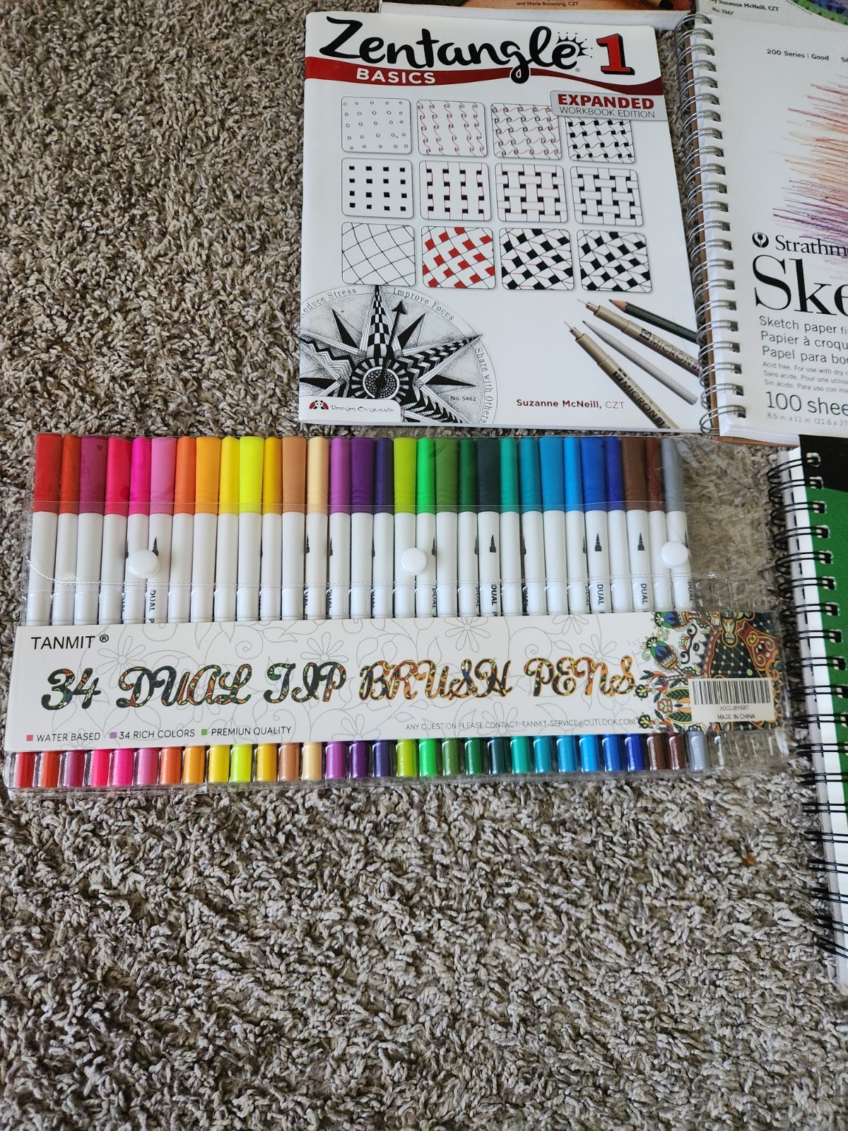 3 Zentangle Coloring Work books. 2 Sketch Books, 30 Color Dual Brush Pens