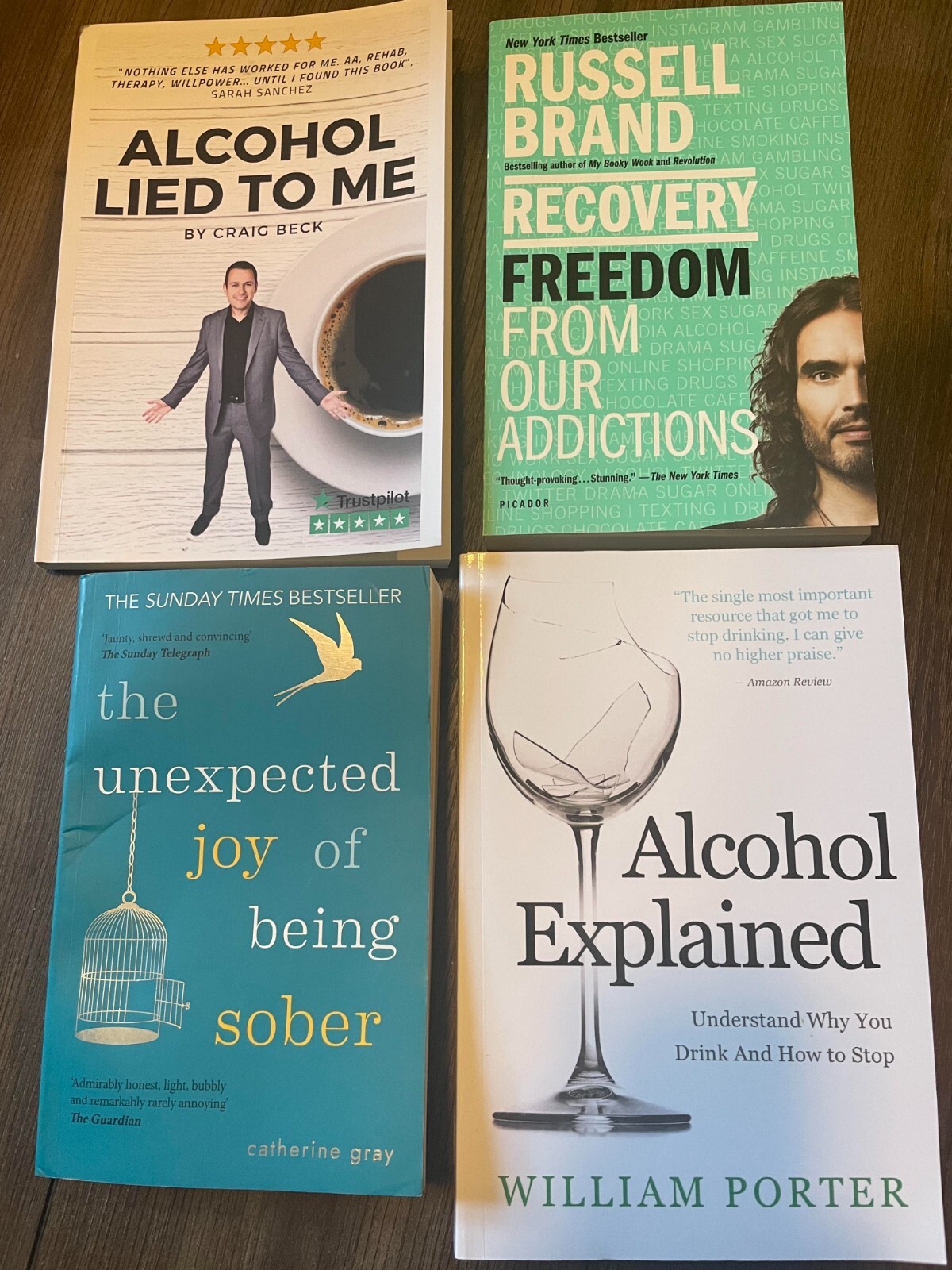 Lot of Alcoholic Recovery Books – Alcohol Explained, Lied To Me, Unexpected Joy+