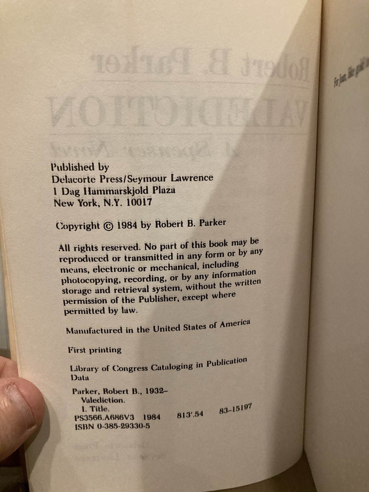Robert B Parker — Uncorrected Page Proof of Valediction – 1984 Delacorte Press