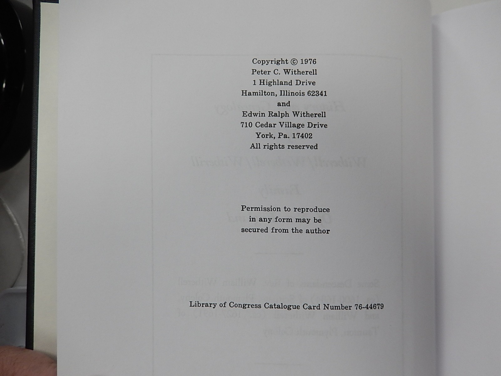 History and Genealogy of Witherell, Wetherell, Witherill of New England, 1976,HC