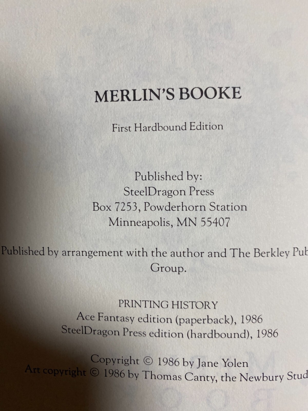 Merlin’s Booke by Jane Yolen, Signed, 1st HB, SteelDragon Press, 1986, GD