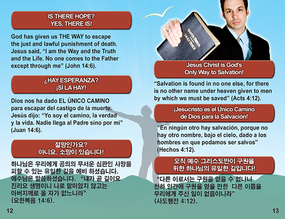 ENGLISH/SPANISH/KOREAN, 3 Language Tracts-Pack of 40 in 4 Covers, 24 Pages Each