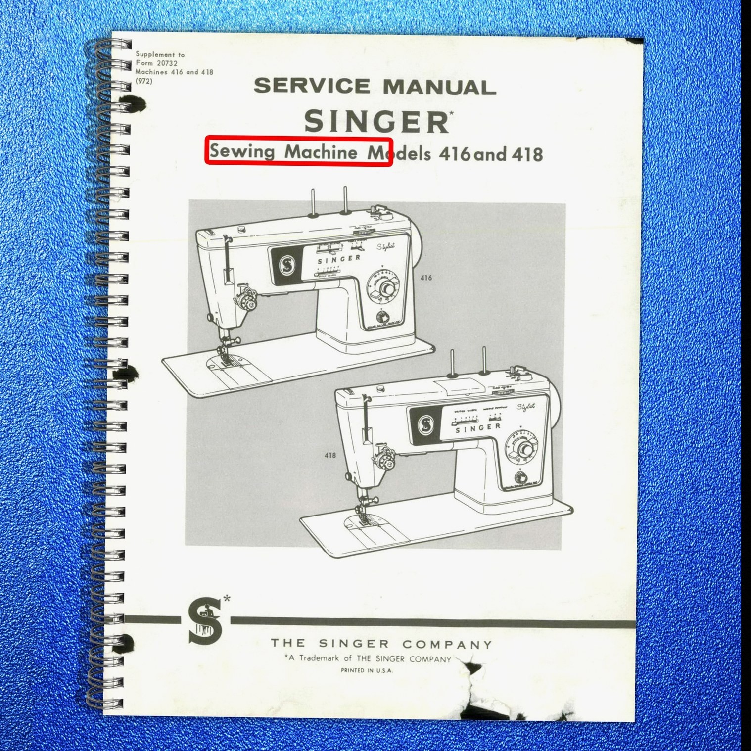 SINGER 416 418 Sewing Machine Service Manual – STEEL WIRE BIND – TOUGH COVERED