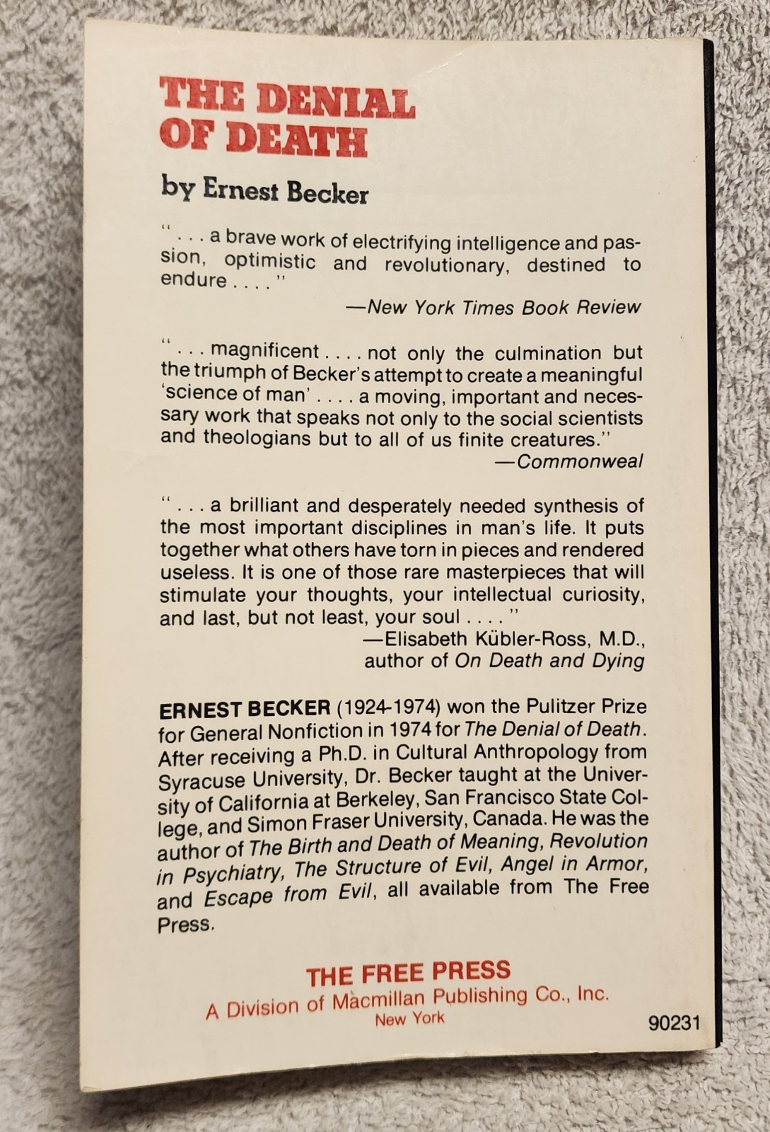 Denial of Death by Ernest Becker 1975 Paperback Pulitzer Prize Free Press