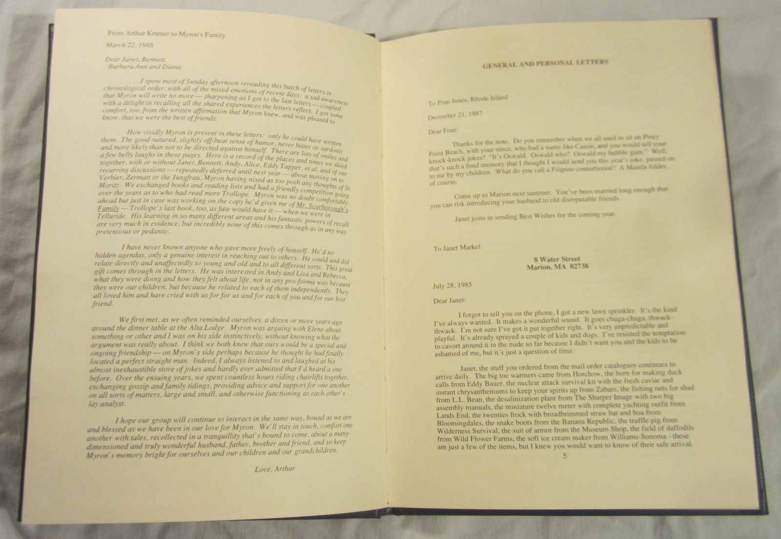 DEAR FRIEND, LOVE MYRON — Letters of Myron Markel — Privately Published, 1989