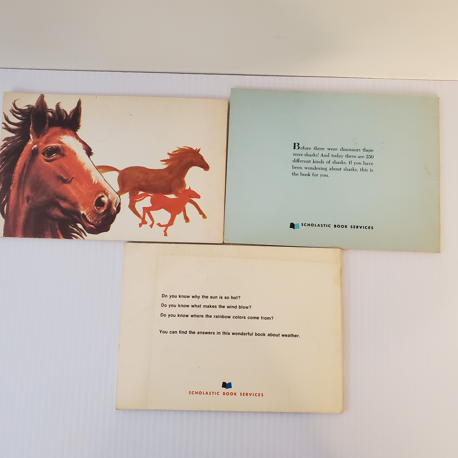 Lot of 3 Scholastic Books Horses Richard Harris, Sharks Tinkelman, About Weather