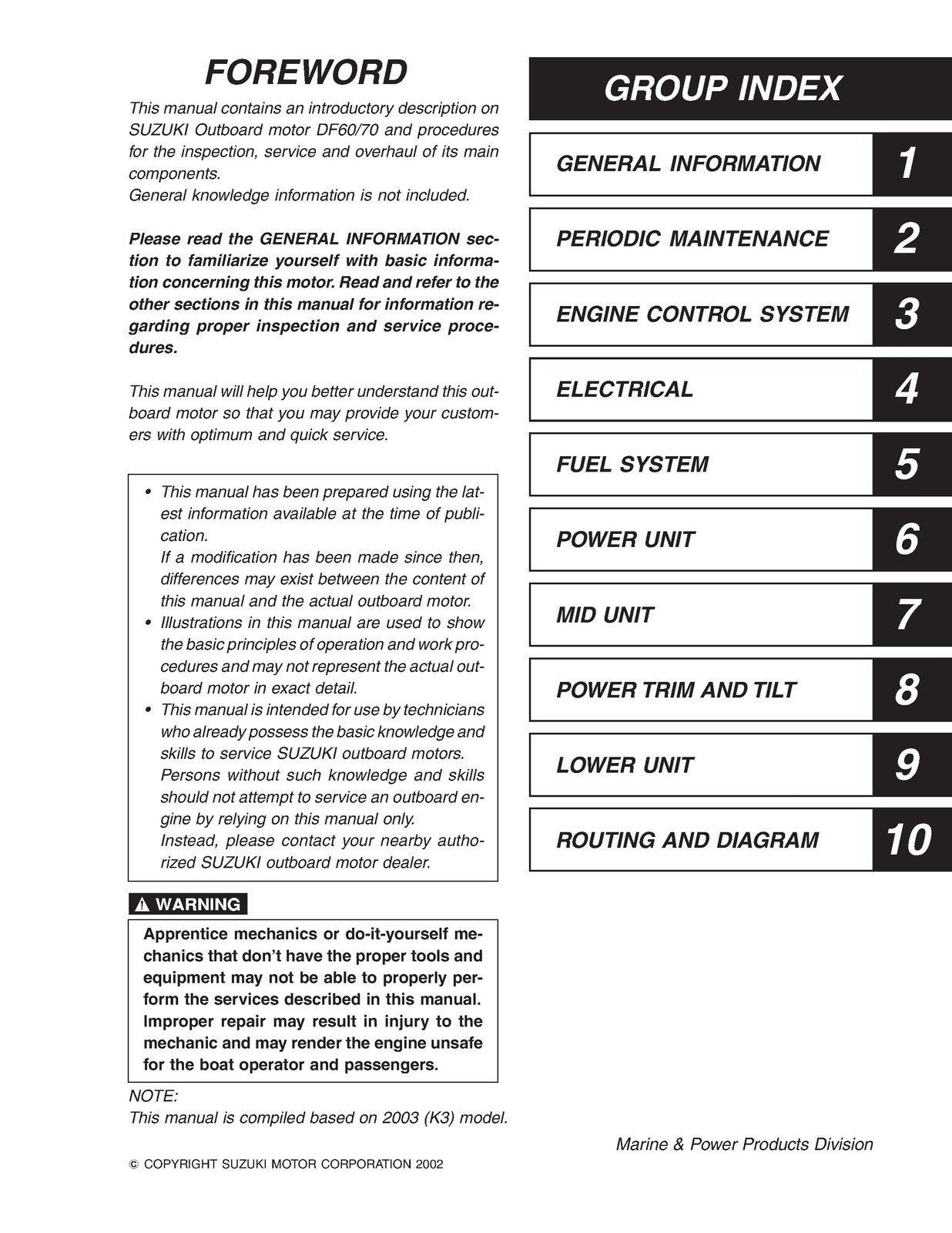 SUZUKI DF60 DF70 Outboard Motor Service Manual 2003 – WIRE BOUND – TOUGH COVERS