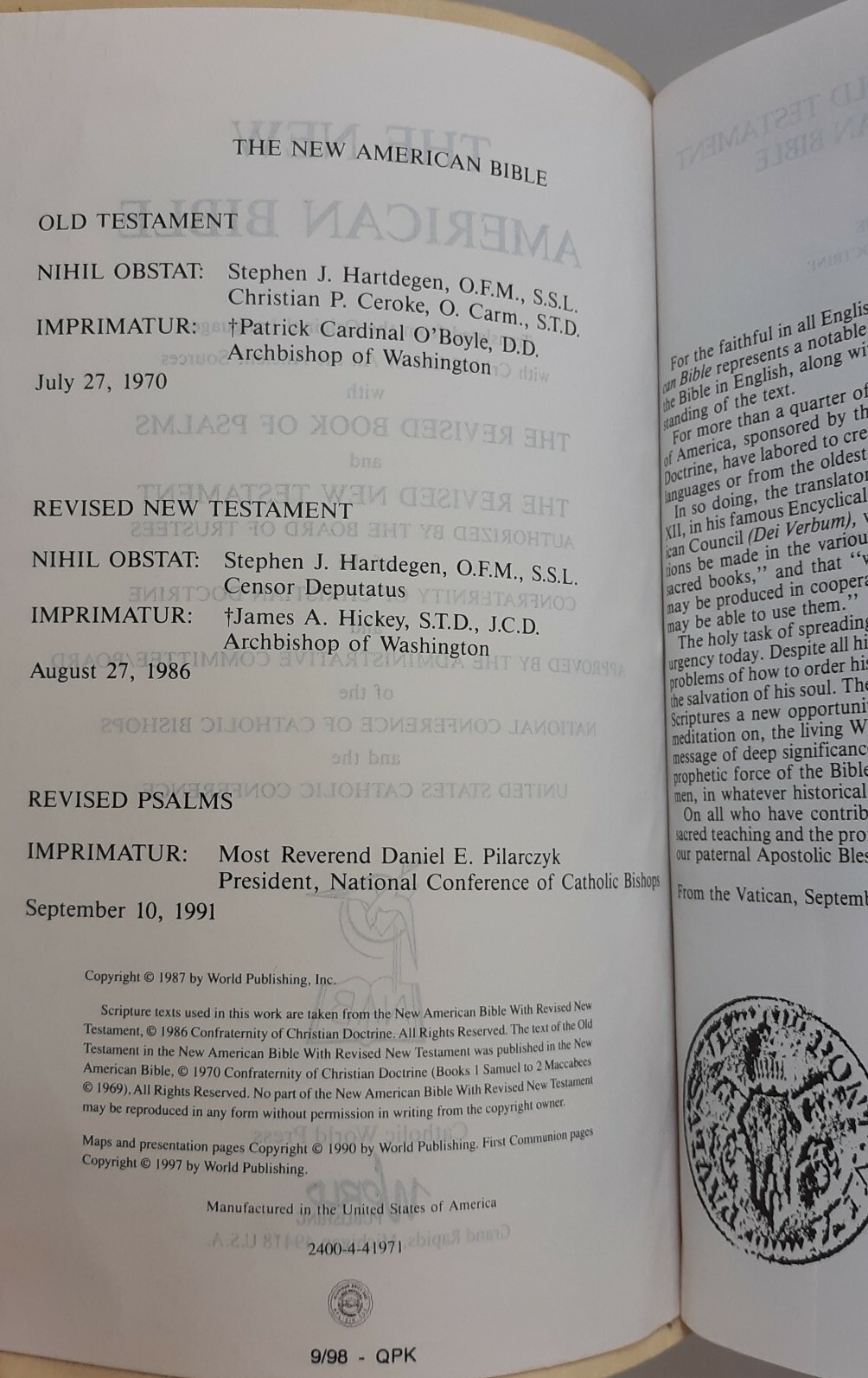 The New American Bible Official Catholic Bible Catholic World Press 2402W White