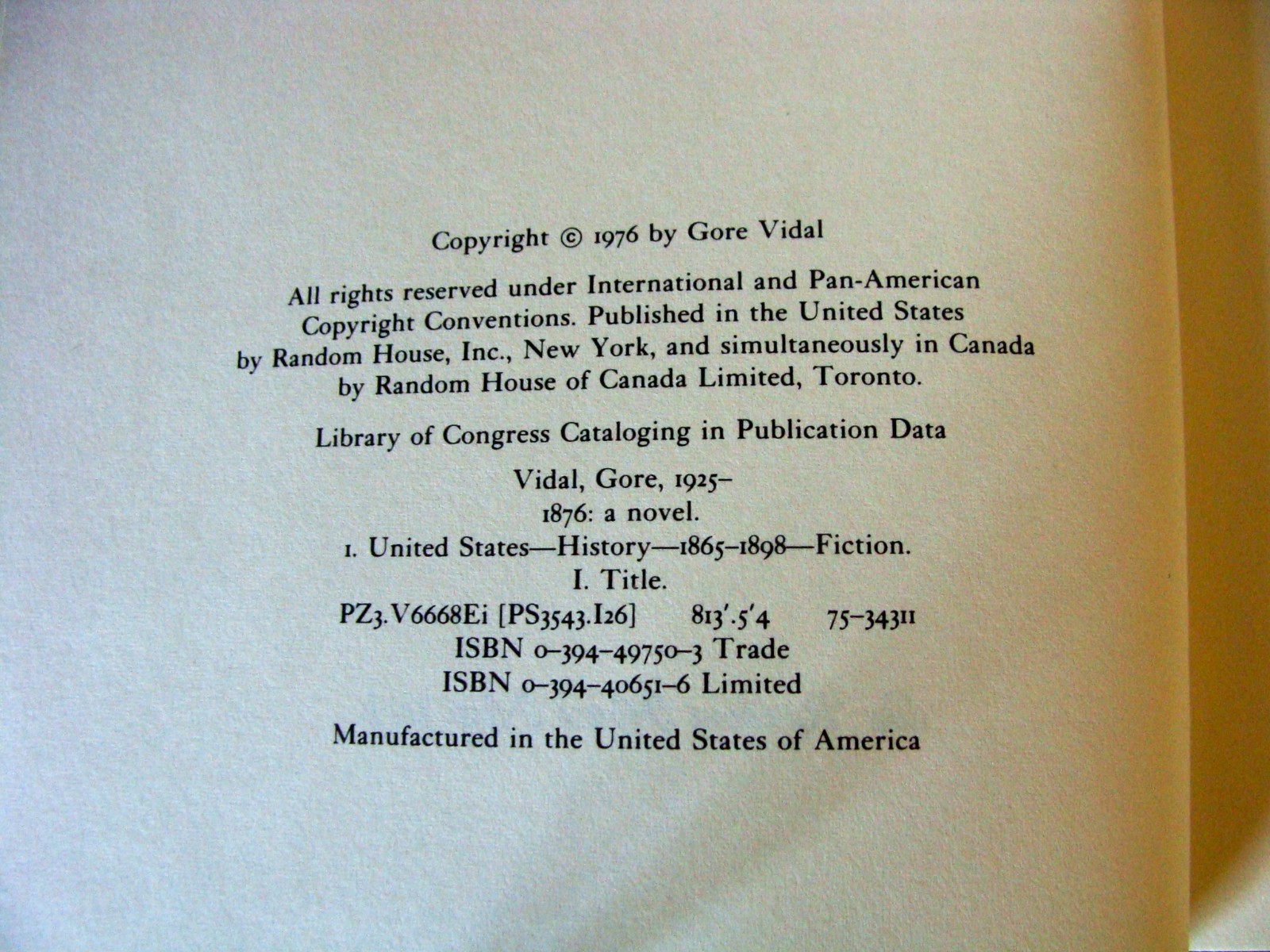 1876 A NOVEL BY GORE VIDAL 1976 HC/DJ
