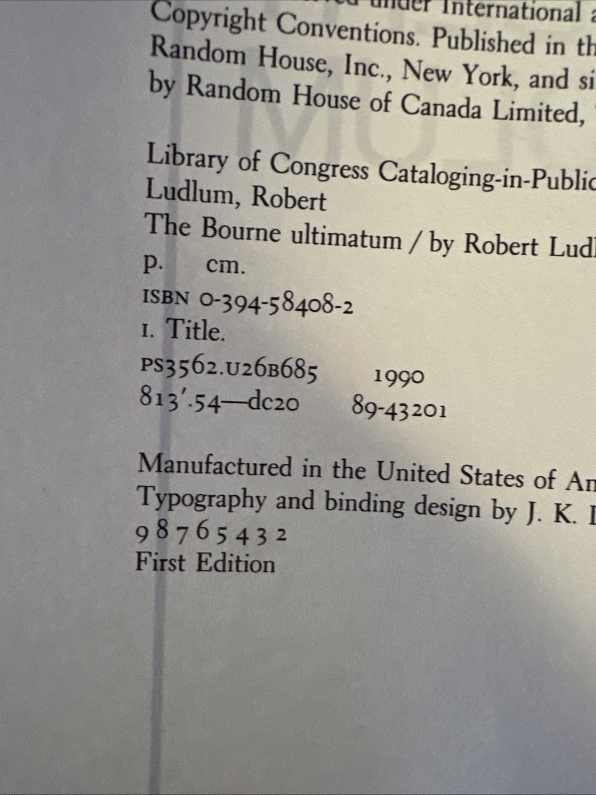 The Bourne Ultimatum, by Robert Ludlum, HCDJ 1990 Stated First Edition