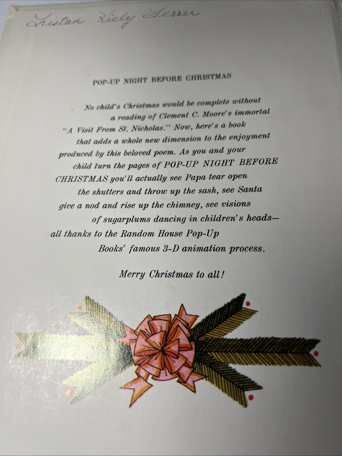 Pop Up The Night Before Christmas By Paul Taylor & Marvin Brehm Some Minor Rips