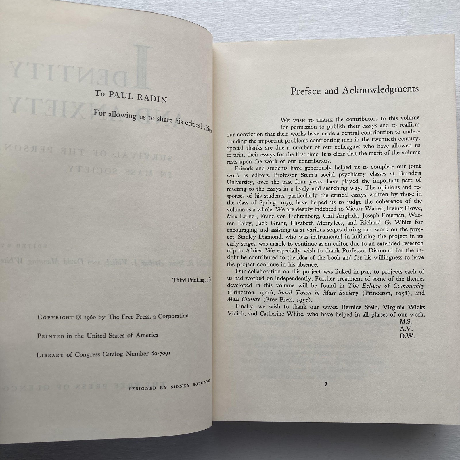 Vintage 1961 Identity And Anxiety Stein Vidich White HC DJ Free Press Sociology