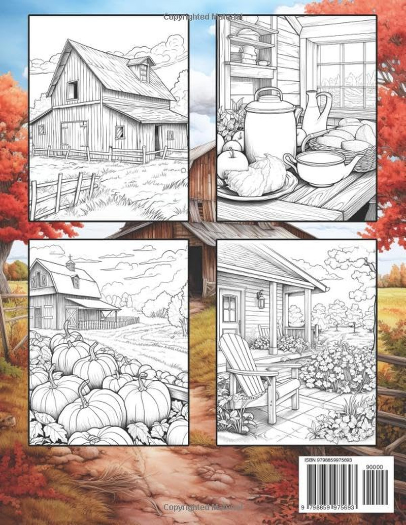 Country Farm Scenes: Coloring Book for Adults with Beautiful Farmhouse, Charming