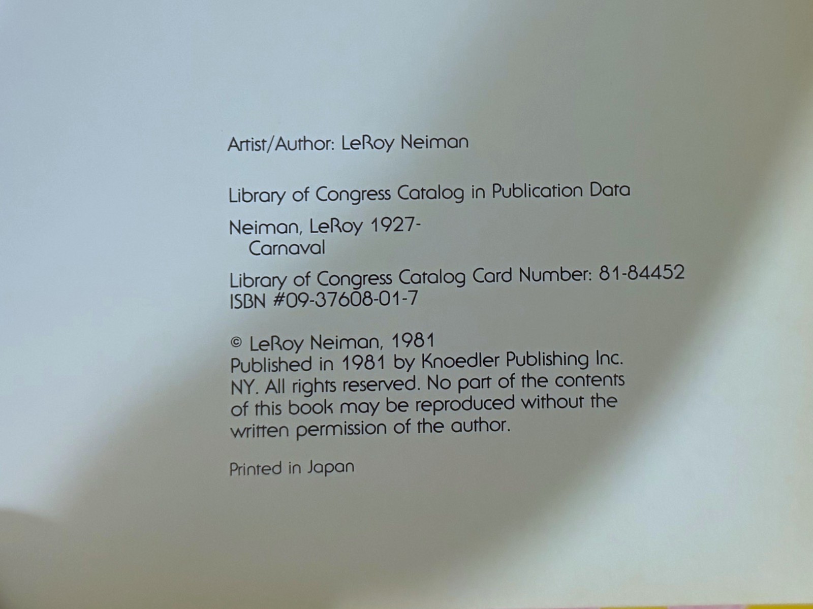 LEROY NEIMAN – CARNAVAL – 1981 – HARDCOVER – PUBLISHED BY KNOEDLER