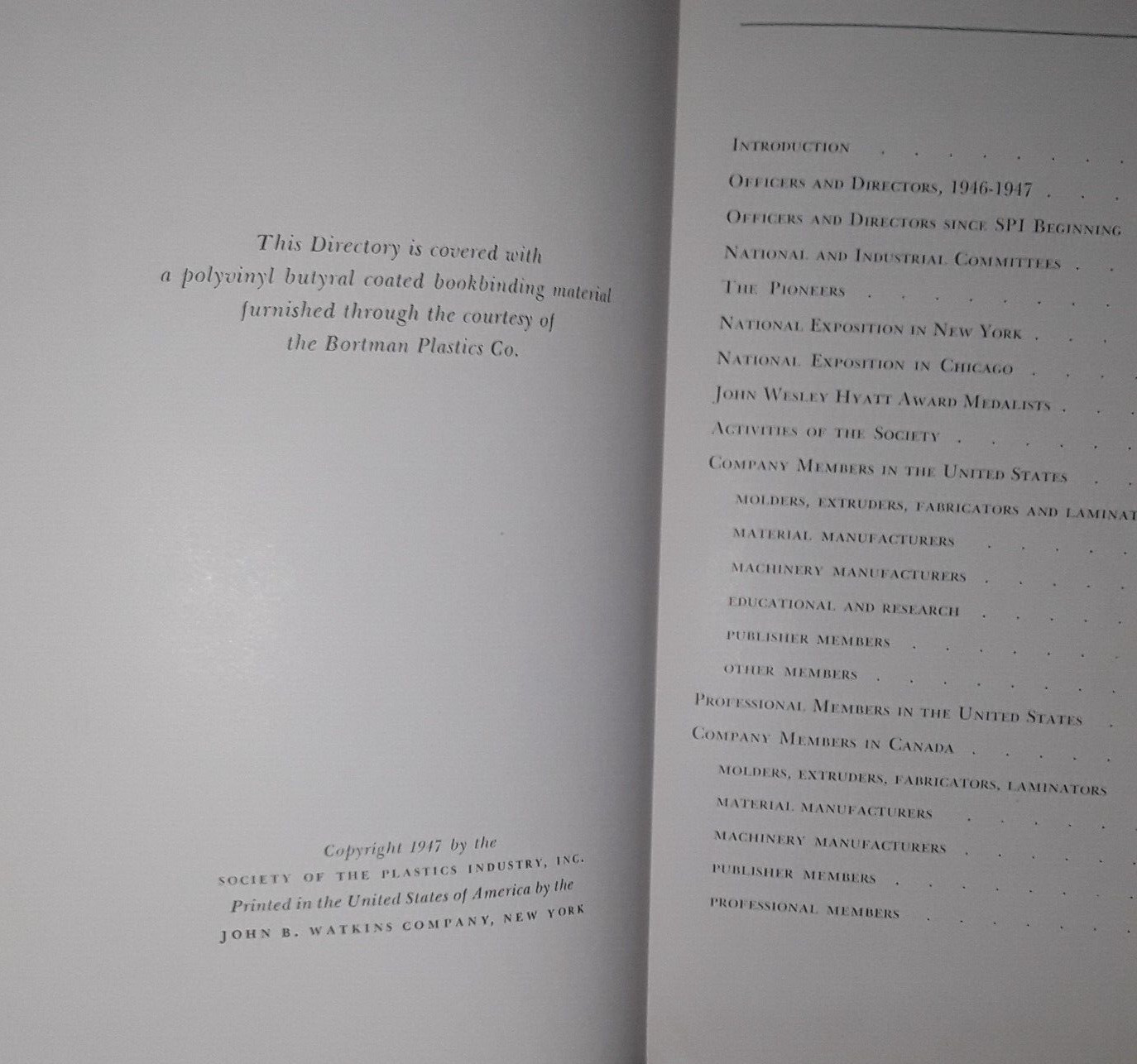 spi THE SOCIETY OF THE PLASTICS INDUSTRY INC 1947 DIRECTORY hardcover