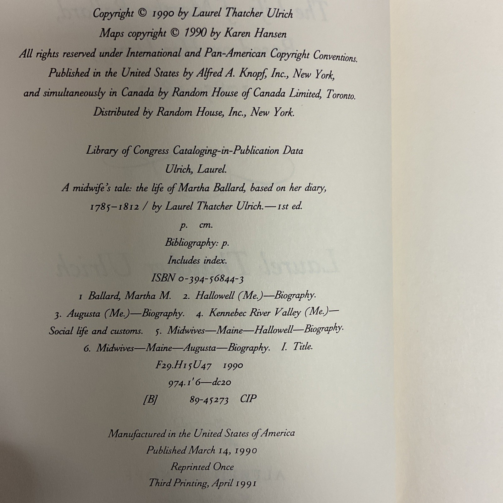 A Midwife’s Tale: The Life of Martha Ballard, Based on Her Diary, 1785-1812