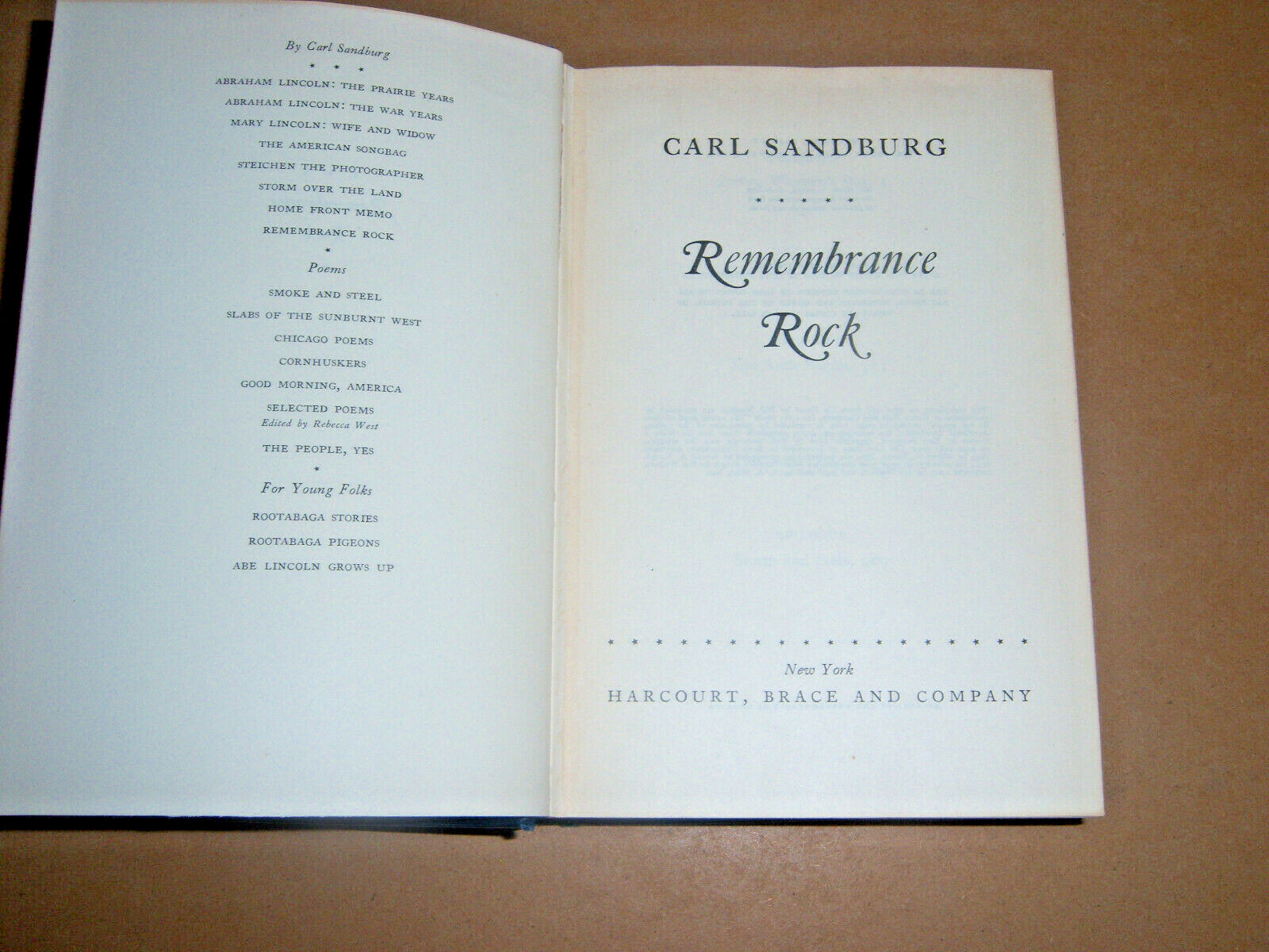 Carl Sanburg Remembrance Rock 1948 Harcourt Brace and Co First Edition 8vo HC VG