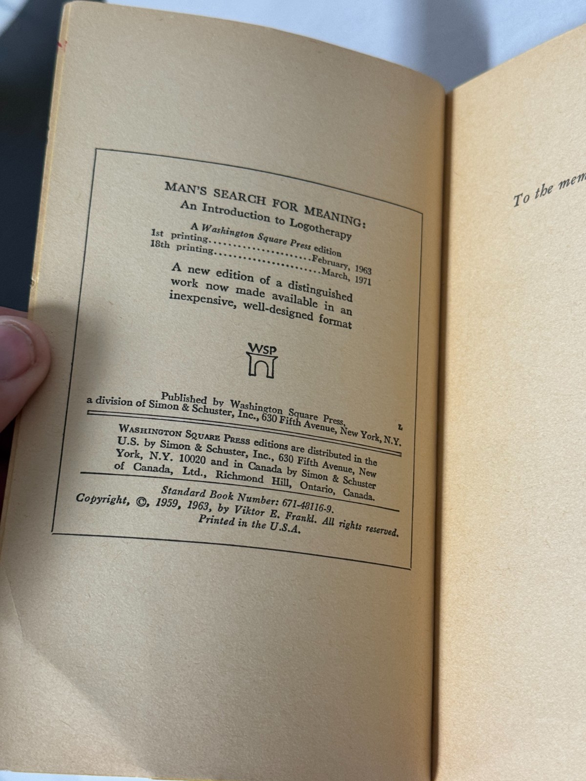 Man’s Search For Meaning; An Introduction To Logotherapy By Viktor Frankl 1971