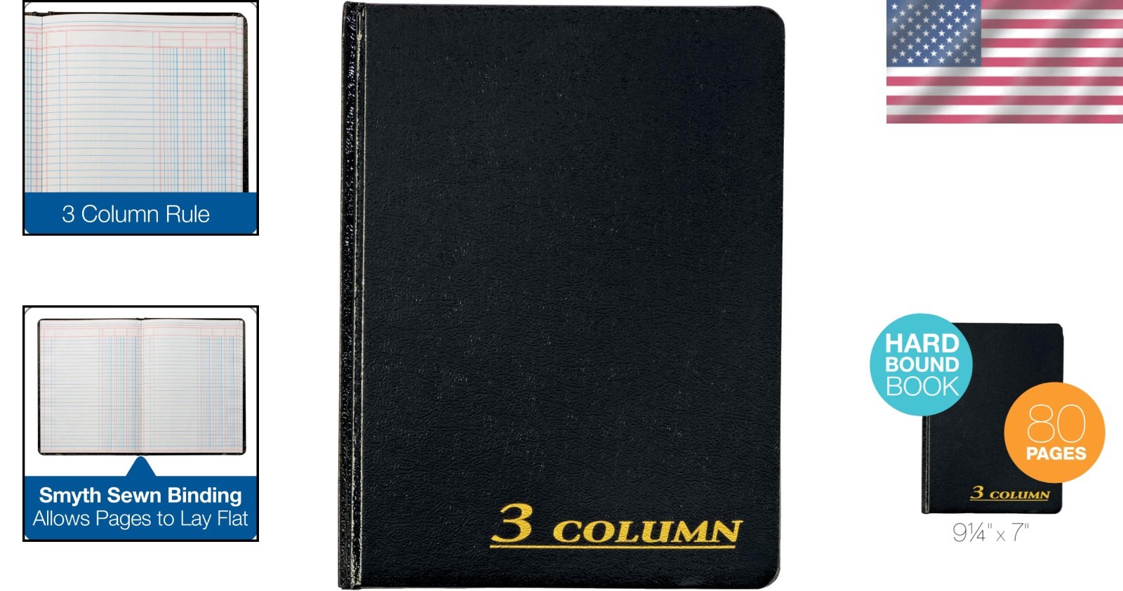 3-Column Black Account Journal, 80 Pages