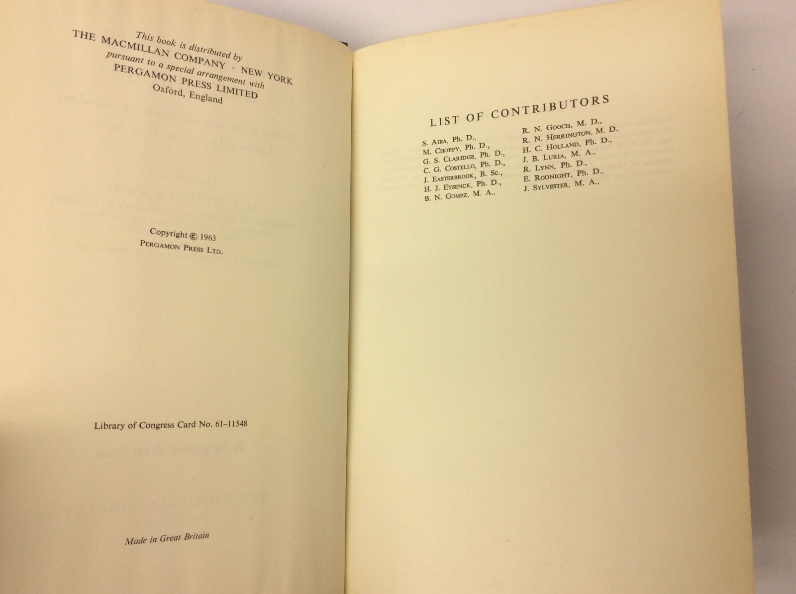 Experiments with Drugs H.J. Eysenck Pergamon Press Book Macmillan Company Book