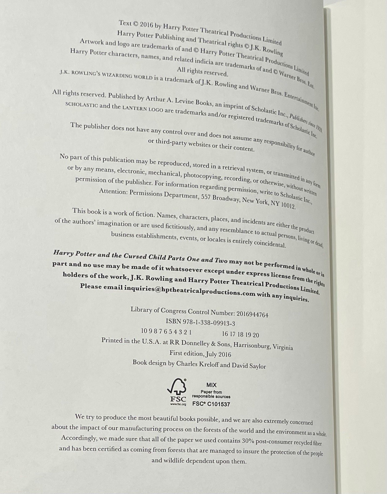 First Edition HARRY POTTER AND THE CURSED CHILD Hardcover 1st Printing SCRIPT