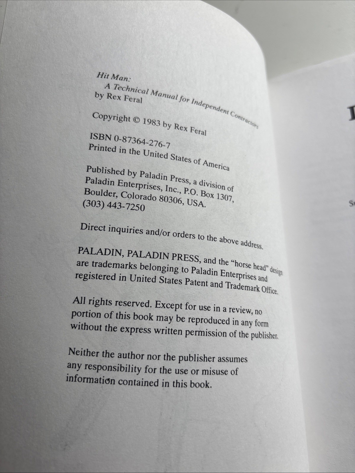 Hit Man A Technical Manual for Independent Contractors Rex Feral (1983, PB)