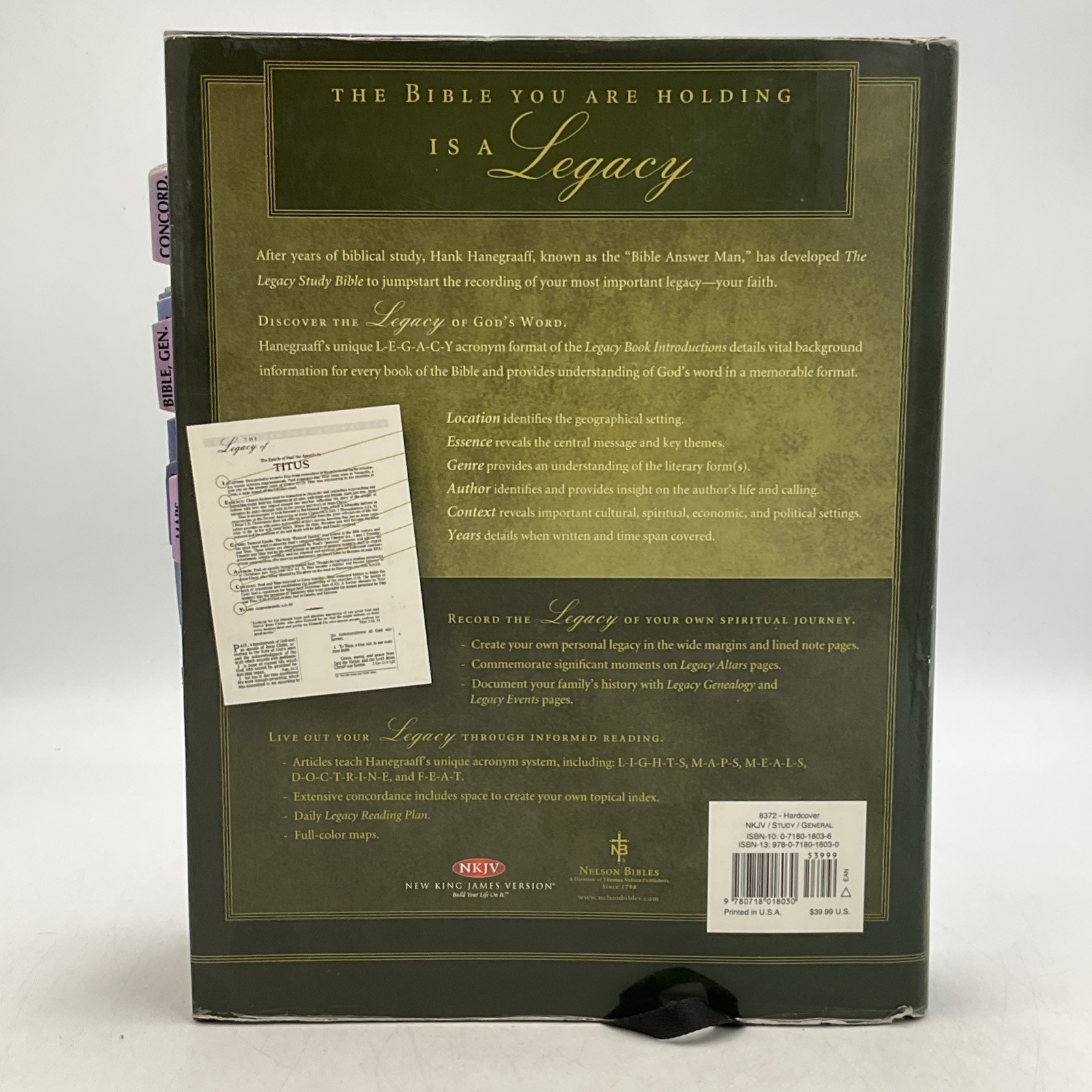 The Legacy Study Bible-NKJV by Hank Hanegraaff General Editor, Hardcover DJ 2007