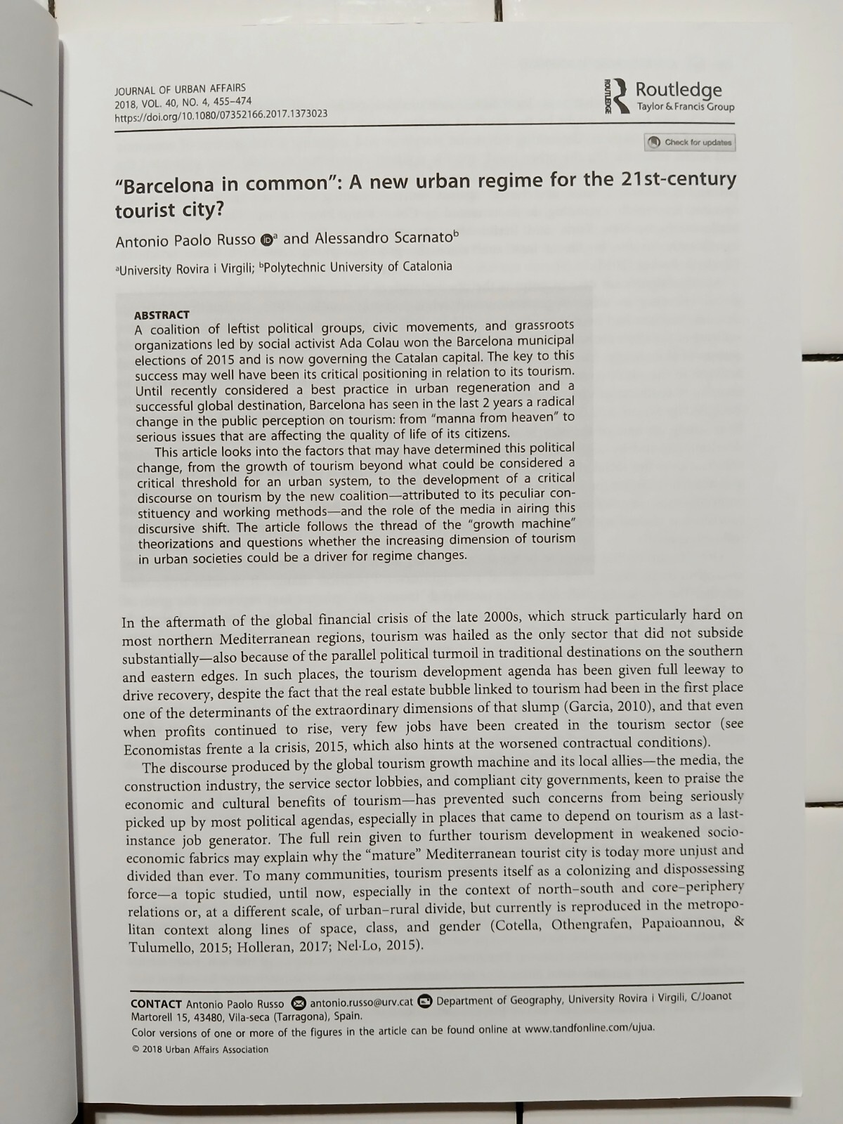Journal Of Urban Affairs Volume 40 Numbers 3,4,6,7 In 2018 By Routledge Group