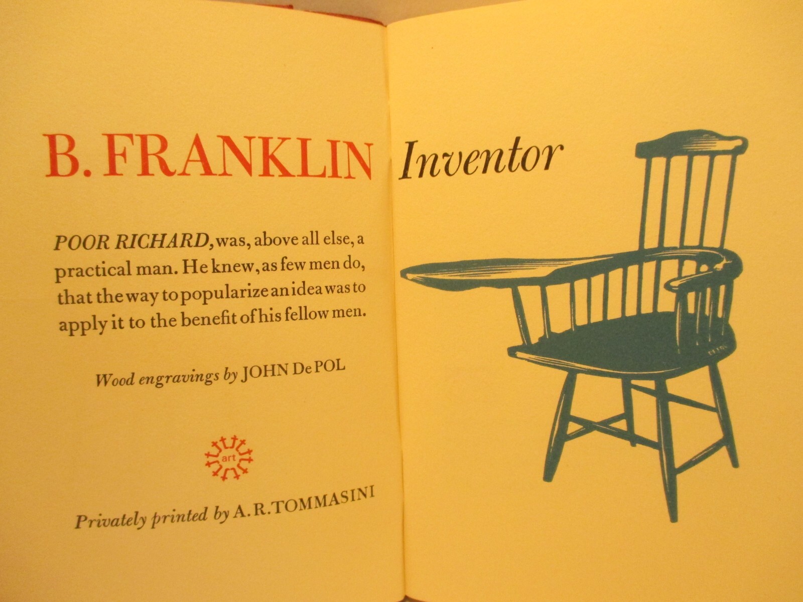 fine press book B FRANKLIN INVENTOR by A R TOMMY TOMMASINI # 27 / 1974 #487/700