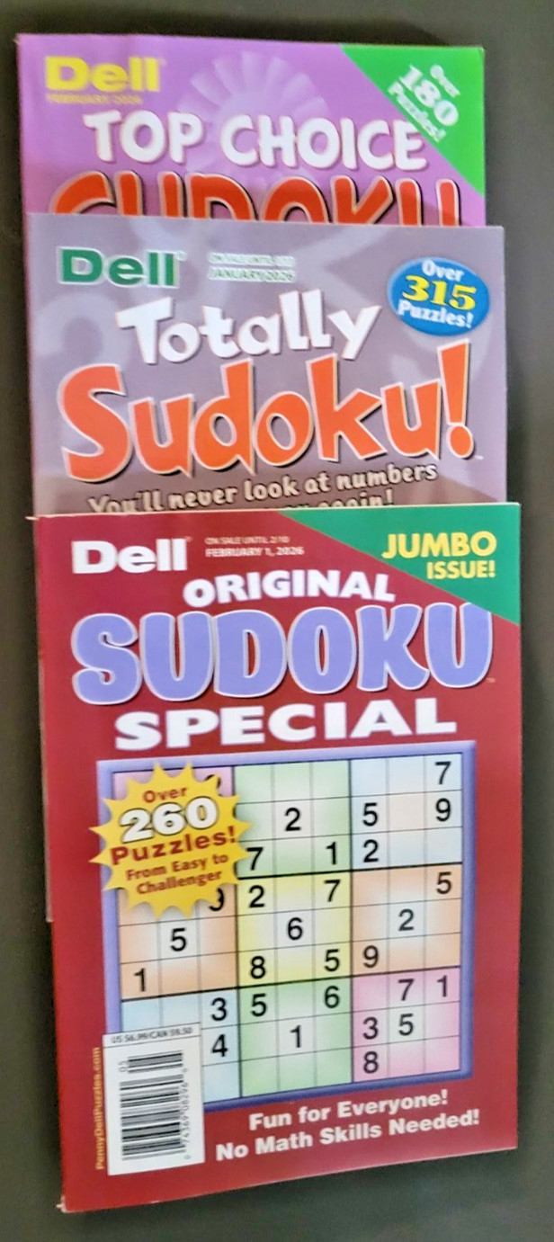 Lot of 3 SUDOKU Puzzle Books by Dell -Top Choice-Totally-Original – 450+ Puzzles