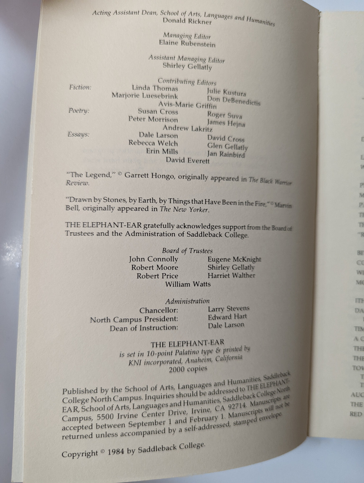 VTG The Elephant-ear 1984 Paperback – Saddleback College Irvine n0.2